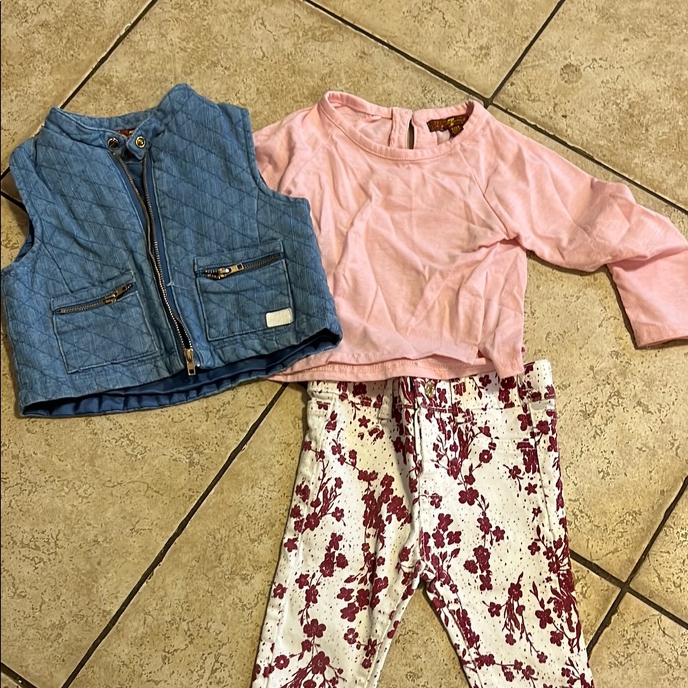 7 For All Mankind Blue Denim Vest and Pink Top Set 12 months